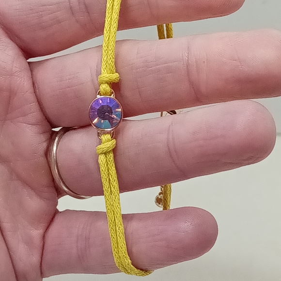 Pink Crystal Centered Yellow Nylon Bracelet Glass Stone Corded Rope Band - Picture 4 of 8